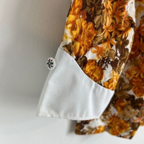 VTG Handmade Women Small Brown White Floral Collared Babydoll Cropped Top Blouse - Picture 12 of 14